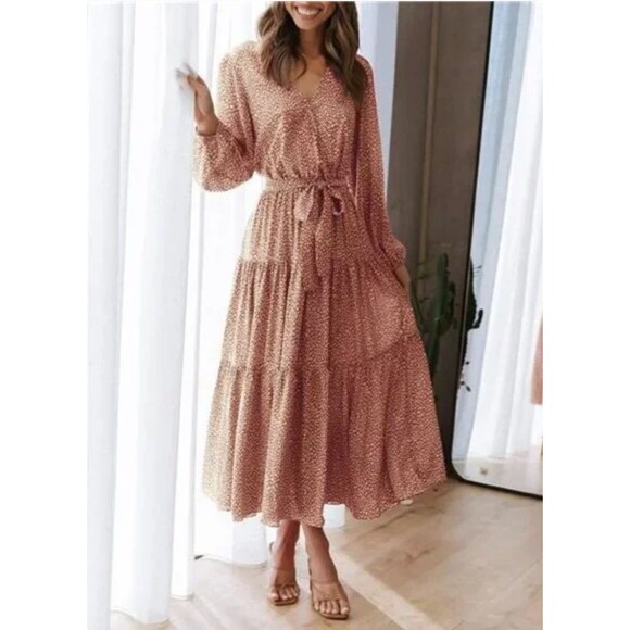 NWT Pretty Garden Dress Sz L Mauve Long Sleeve Floral Boho Maxi Poetic Romantic - Picture 7 of 13